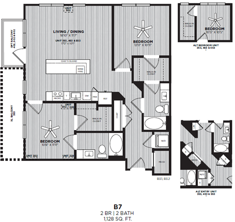 A black and white image of a floor plan for a 2 bedroom, 2 bath apartment.